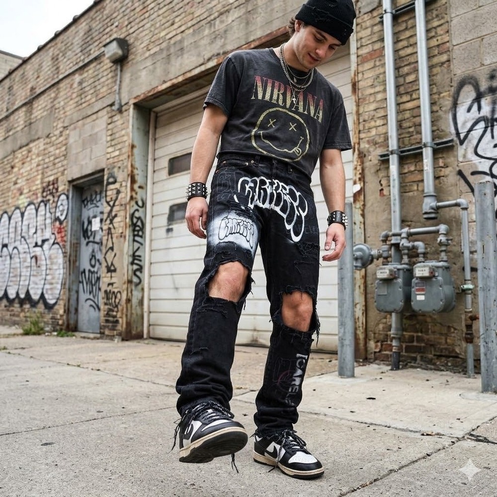 Levis Upcycled Jeans Unisex 29 Black Distressed Graffiti Button Fly OOAK‎
